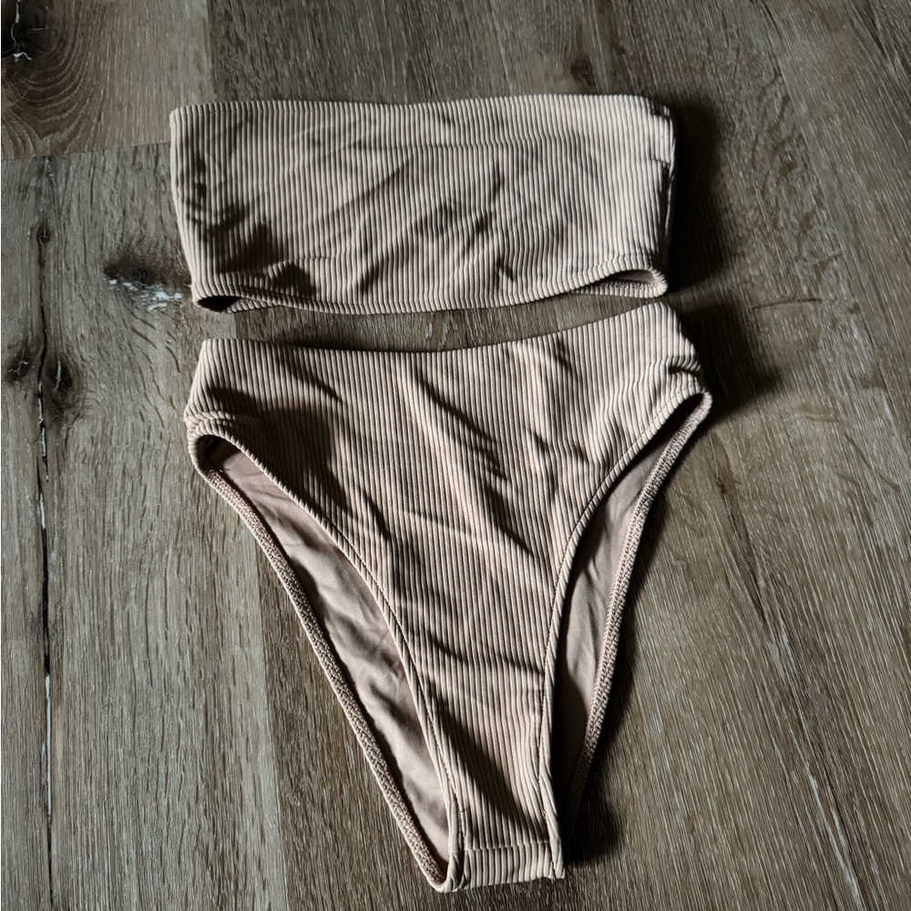 Frankie’s Bikinis Brown Taupe Ribbed Bandeau Bikini Size XS